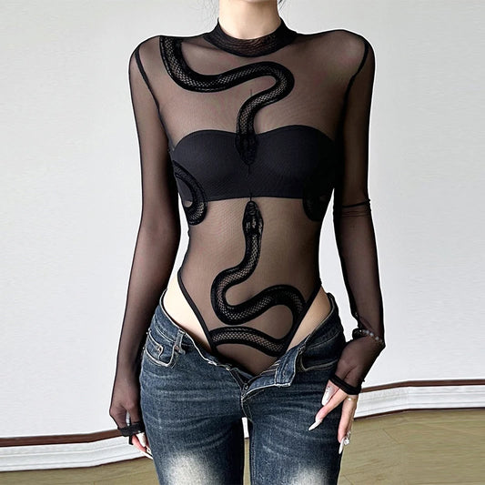 New spicy girl snake print perspective sexy splicing round neck mesh bodysuits for women