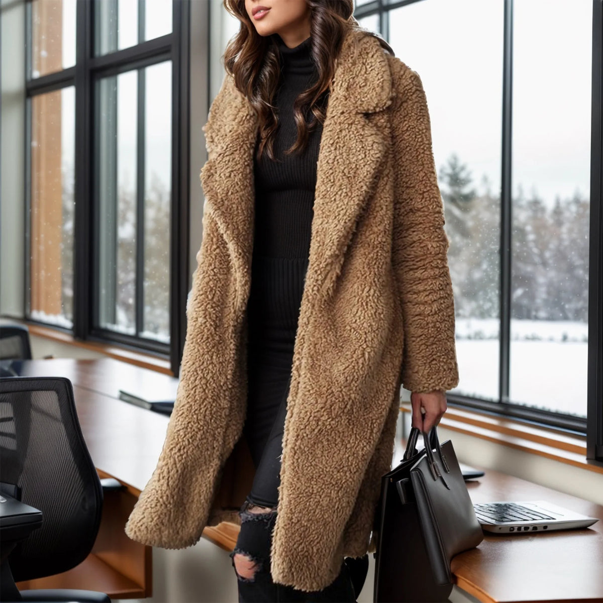 Retro Solid Long Coats Women Elegant Loose Lapel Single Breasted Plush Coat Female Winter Warm Chic Street Overcoats