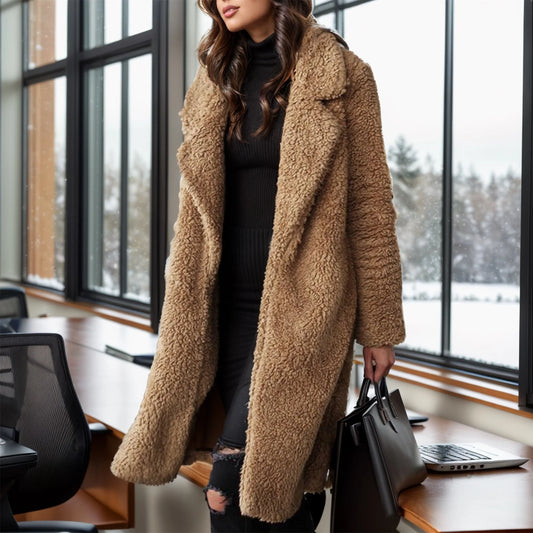 Retro Solid Long Coats Women Elegant Loose Lapel Single Breasted Plush Coat Female Winter Warm Chic Street Overcoats