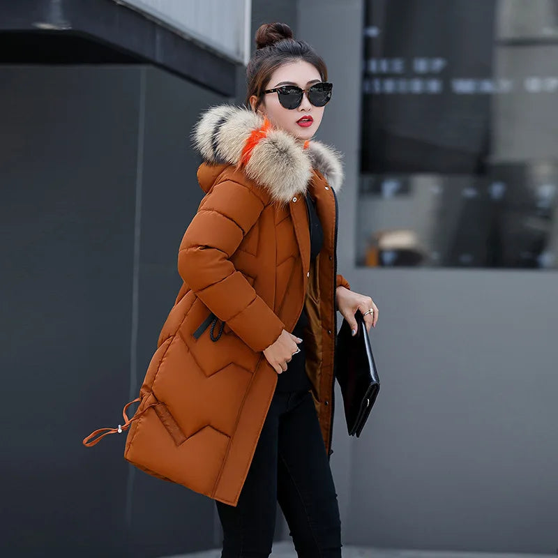 New Winter Jacket Womens Parkas Fur Collar Hooded Coats Casual Long Jacket Female Slim Cotton Padded Warm Outerwear
