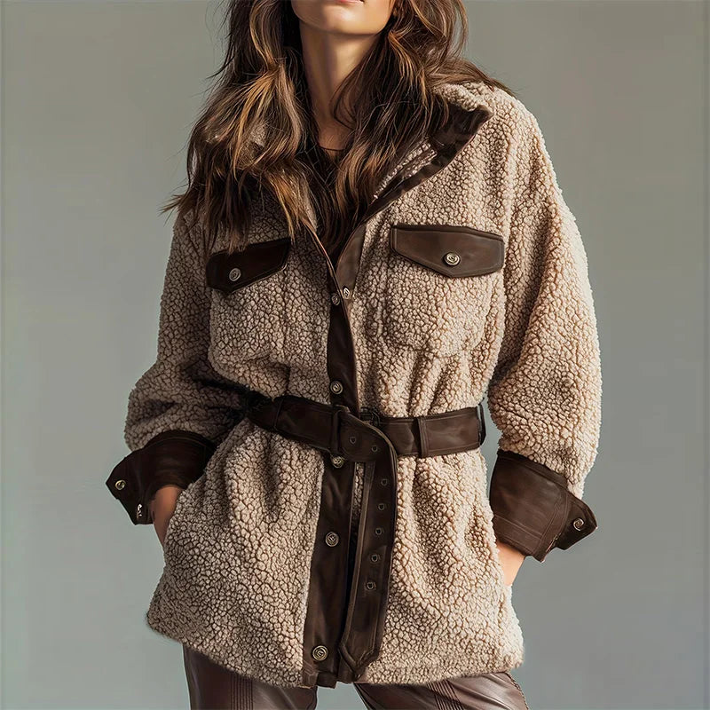 Women's Casual Long Sleeve Pocket PU Leather Coat Elegant Thickened Lamb Solid Jackets Fashion Lapel Button Patchwork Outercoat