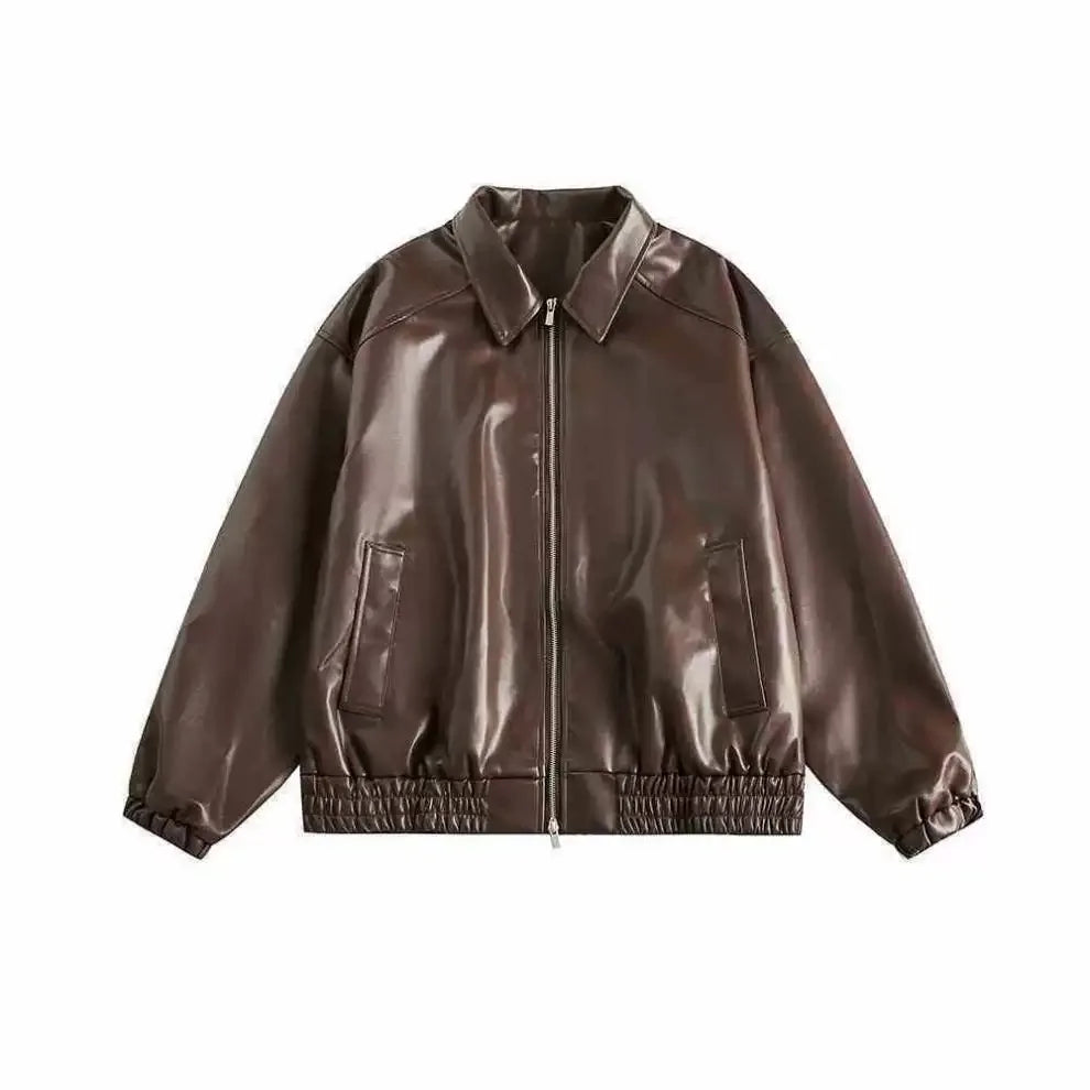 Retro Ladies Fashion Zipper Faux Leather Jacket Spring Autumn Women Long Sleeves Leather Coat Female PU Leather Outwear