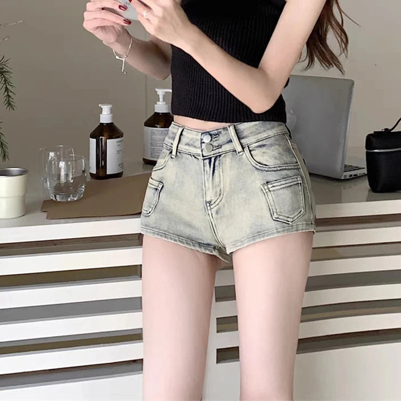 Sexy Low Rise Denim Super Shorts Women's Summer Elastic Slim Skinny Rivet Vintage Blue Short Jeans Y2k Versatile Pants