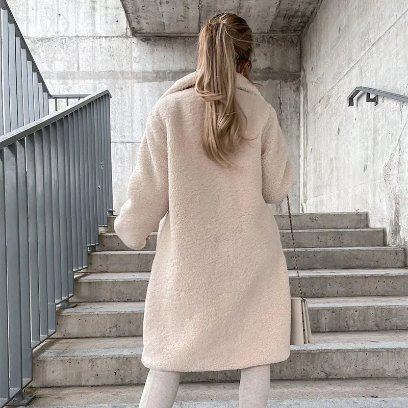 Winter Long Loose Casual Soft Thick Warm Fluffy Black Faux Fur Coat Women Lapel Collar Hairy Furry Fuzzy Overcoat  ﻿
