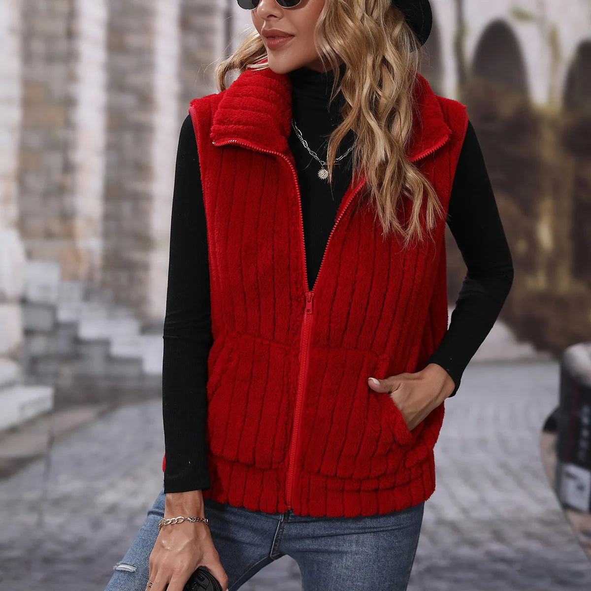 Autumn Winter Furry Faux Fur Vest Coat Women Sleeveless Lapel Plush Warm Waistcoat Lady Warm Fluffy Fashion Vest Jacket