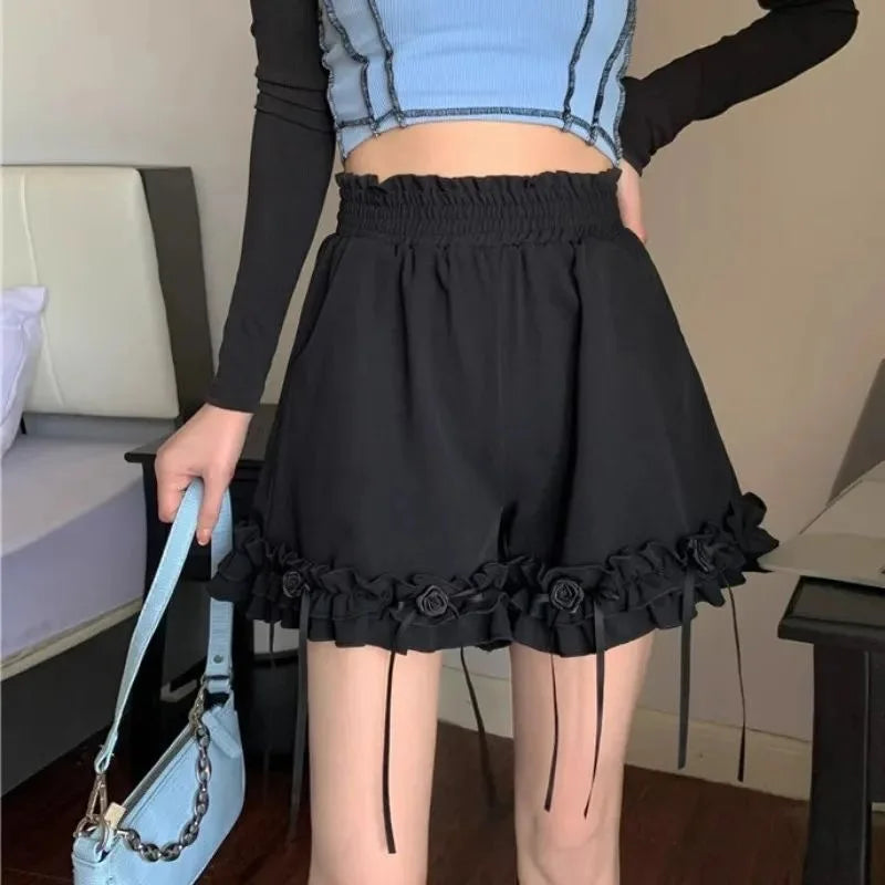 Black Ruffle Casual Baggy Female Short Pants Y2k Vintage Fashion Classic Design Outfits Summer Wide Women's Elastic Waist Shorts