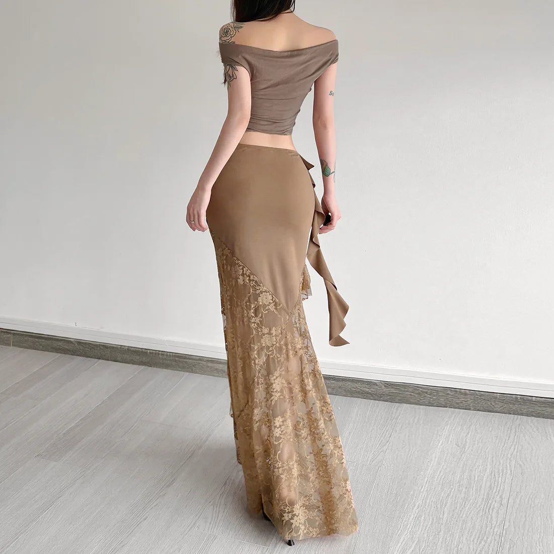 Ruched Ruffle Mesh Maxi Skirt