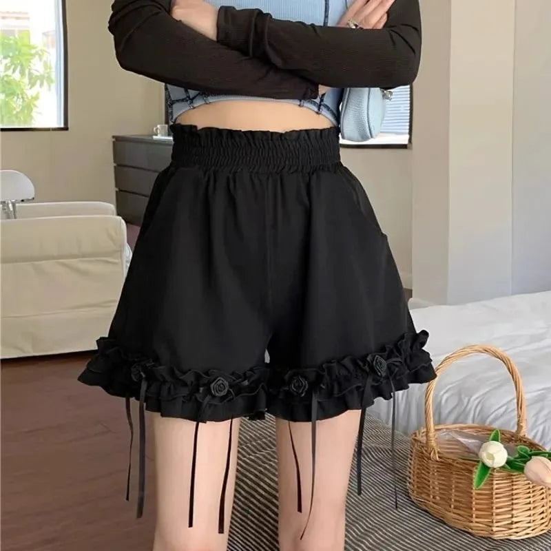 Black Ruffle Casual Baggy Female Short Pants Y2k Vintage Fashion Classic Design Outfits Summer Wide Women's Elastic Waist Shorts
