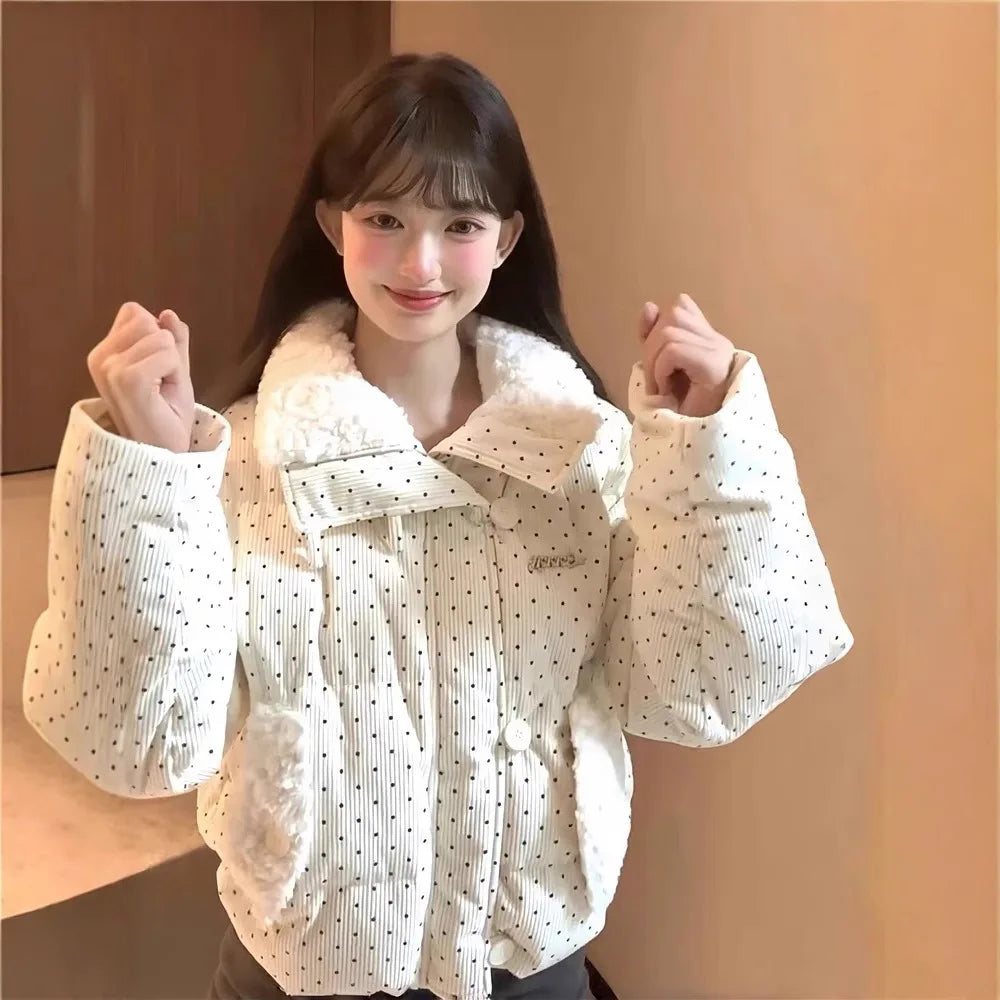 Sweet Polka Dot Parkas Women Winter Loose Casual Thicken Button Patchwork Puffy Coats Korean Fashion Fur Collar Female Outwear