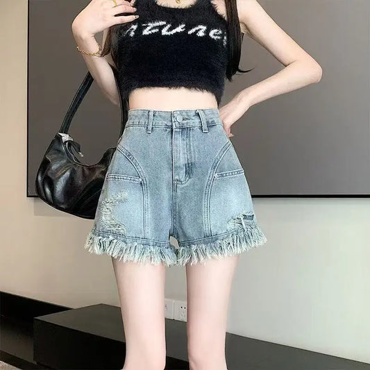 Women's High Waist Fringe Denim Shorts A-line Loose Casual Summer Hot Pants