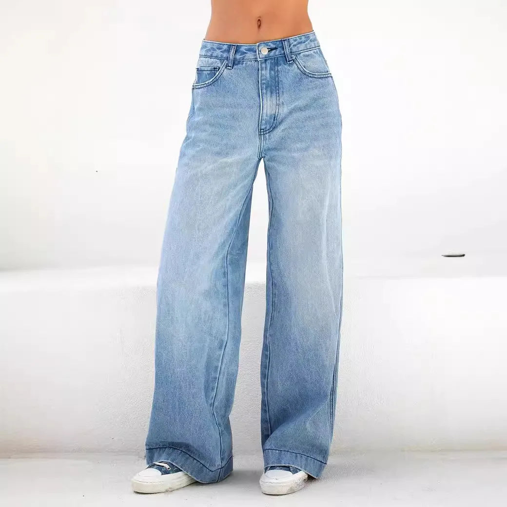 Women Baggy Jeans Streetwear High Waist Wide Leg Denim Pants Retro Elastic Waist Blue Loose Female Trousers