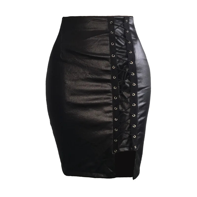Sexy Girls Above Knee Black PU Leather Mini Skirts Spring Women High Waist Bodycon Front Split Elegant Short Skirt