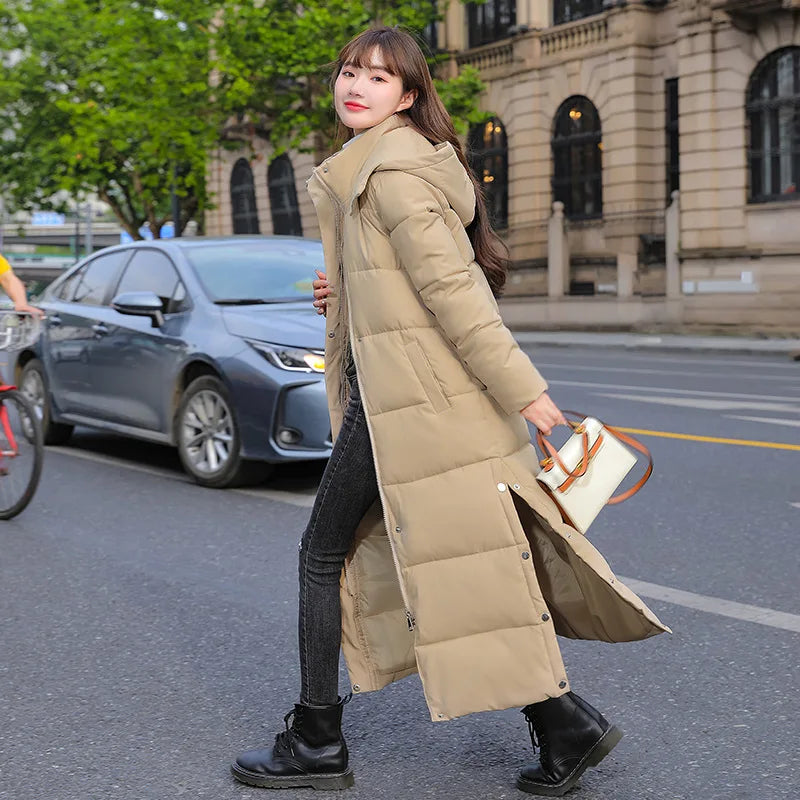 Winter Long Sleeve Hooded Down Long Coat Korean Women Pocket Solid Loose Jacket Lady Casual Thick Warm Outwear