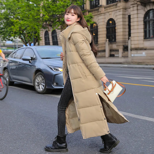 Winter Long Sleeve Hooded Down Long Coat Korean Women Pocket Solid Loose Jacket Lady Casual Thick Warm Outwear