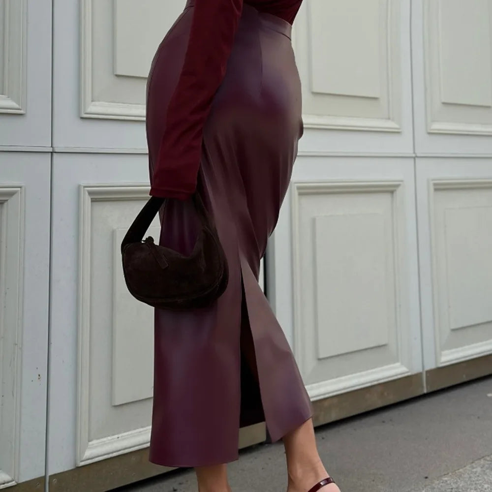 Faux Leather Split Pencil Skirt