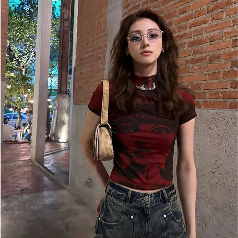 Summer Slim Fit Tees Tops Streetwear Gothic Punk E-girl Harajuku Graphic Print T-shirt emo Women Vintage Crop Top Y2K