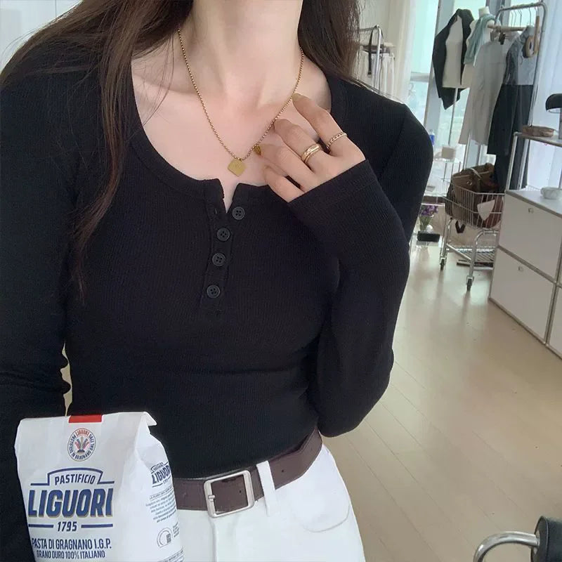 Autumn Winter Button V Neck T-shirt Women Basic Slim Pullover Women T-shirt Pullovers Knit  Soft Warm Tops ﻿