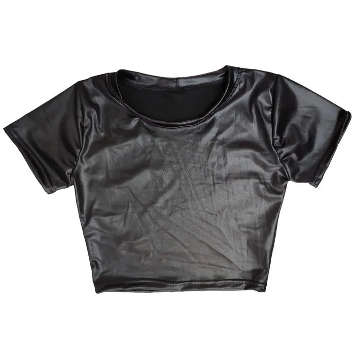 Women Faux Leather T-Shirt Crop Tops Short Sleeve Sexy Punk Midriff Tee Clubwear Women Shirt Women Crop Top