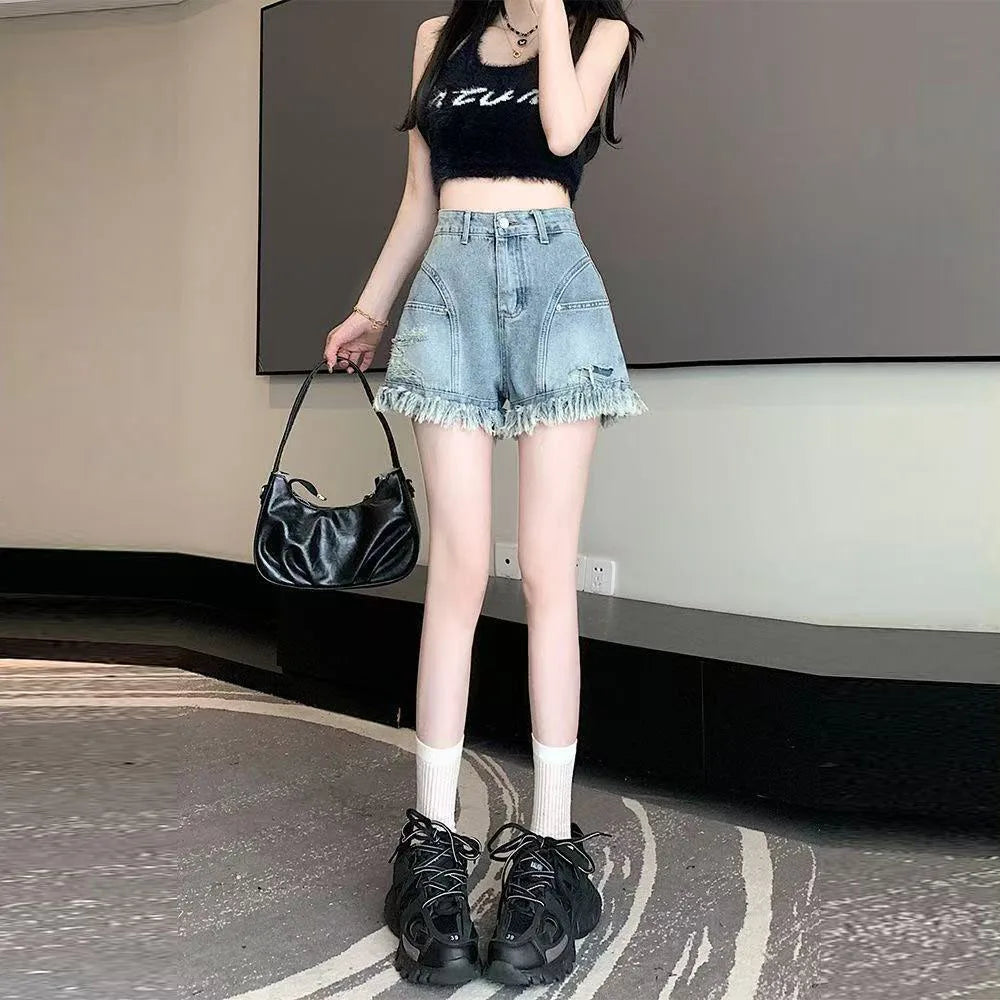 Women's High Waist Fringe Denim Shorts A-line Loose Casual Summer Hot Pants