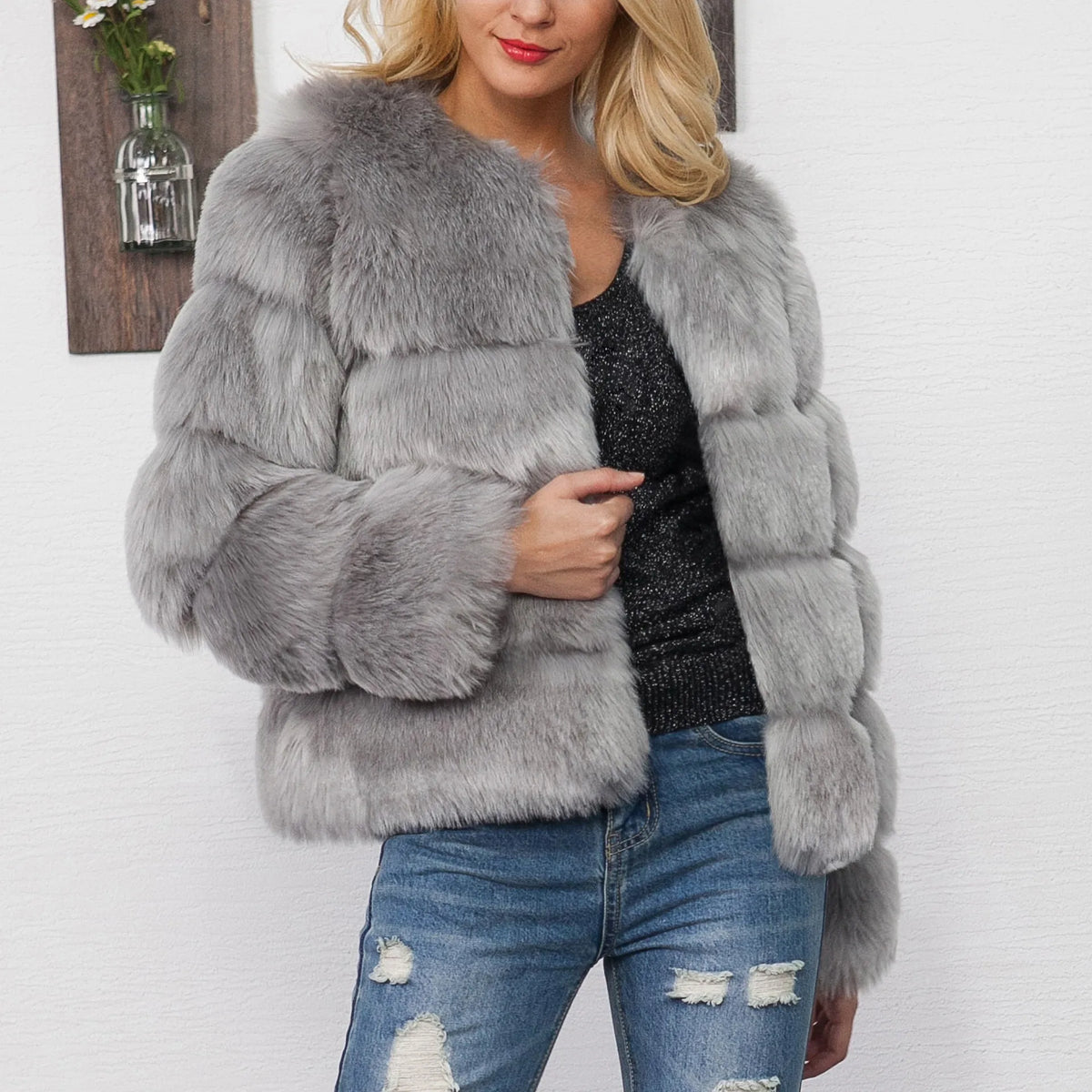 Long Sleeve Faux Fur Coat Winter Women Fashion Thick Warm Fuzzy Coat Outerwear Female Gray/Black Fake Fur Jacket