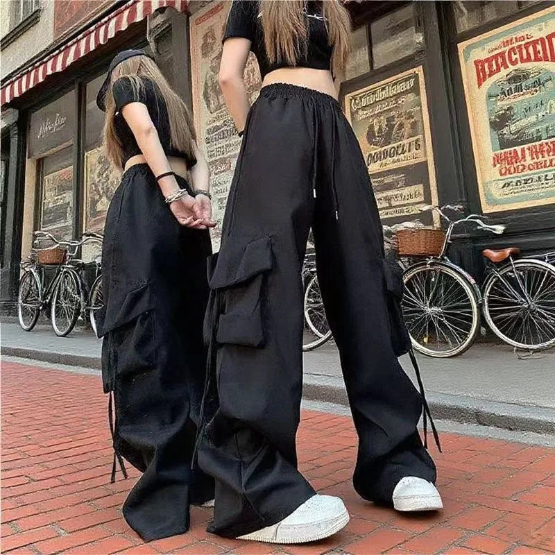 Fashion Y2K Loose Multi Pocket Drawstring Pocket Cargo Pants, Casual Sports Loose Wide Leg Pants For Hiking, Women's Athleisure