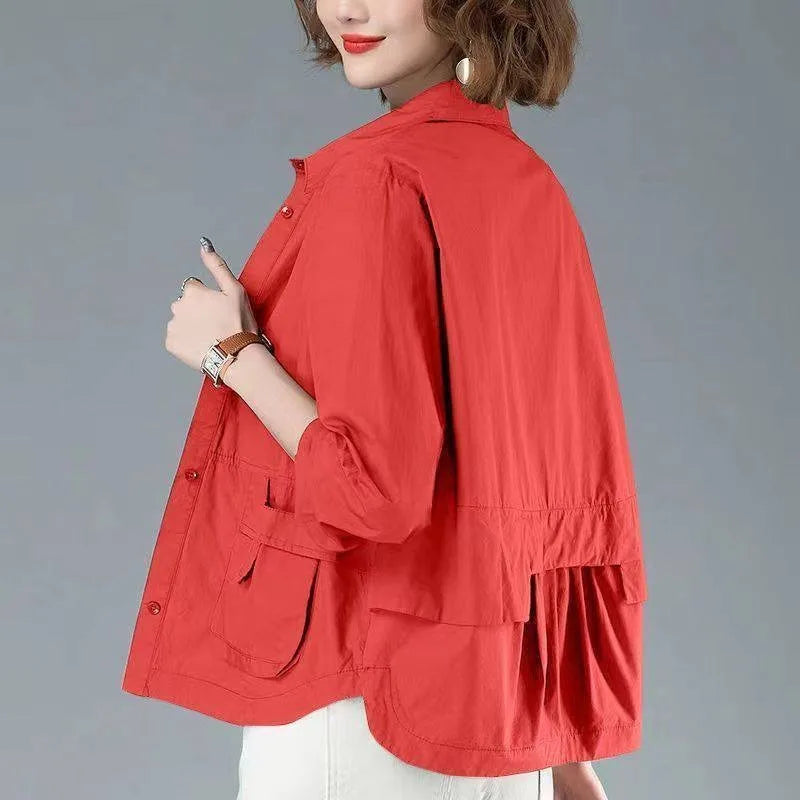 Fashion Single-breasted Solid Color Jackets Tops Female Spring All-match Loose Casual Long Sleeve Pockets Coats Women's Clothing