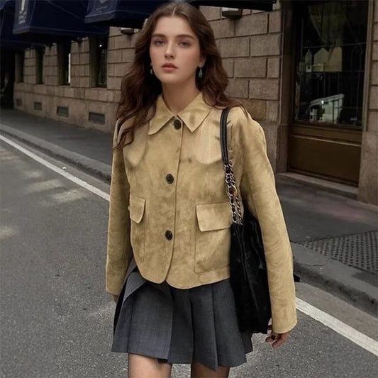 Fashion Solid Suede Jacket for Women Autumn Winter Long Sleeve Lapel Single-Breasted Female Coats Casual Street Lady Outerwear