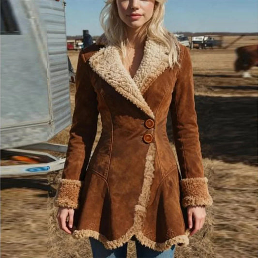 Vintage Women's Coat Brown Western Denim Plush Autumn And Winter Fashionable Warm Coat Outdoor Windproof Slim Fit Windbreaker