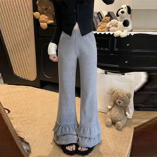 Casual Ruffles Flare Pants Women Korean Loose High Waist Sweet Trousers Vintage Simple Design Lady Elegant Wide Leg Pants