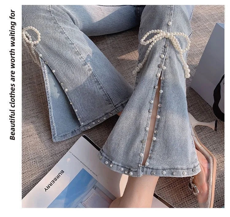 Chic and Elegant Stretch With Slits Trousers Y2k Luxury Designer Women's Cropped Flare Jeans High Waist Shot Female Cowboy Pants