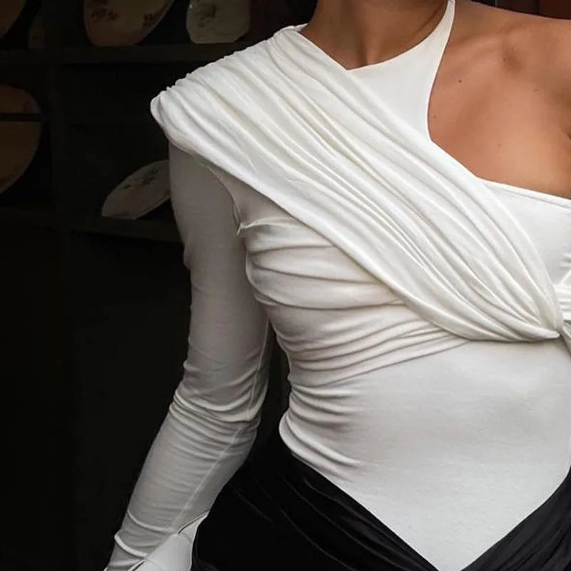 Sexy Pleated Jumpsuit One Shoulder Backless Twist Bodysuits Women Long Sleeve Top Slim High Waist Bodysuit Club Party Skinny Tee