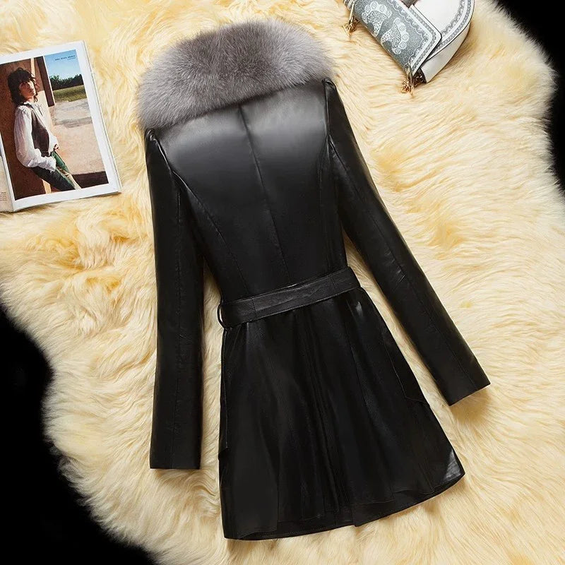 Winter Faux Fur Collar Leather Long Loose Coats Coat Female Jacket Parka Women Femme Rabbit Mink Sheepskin Fashion