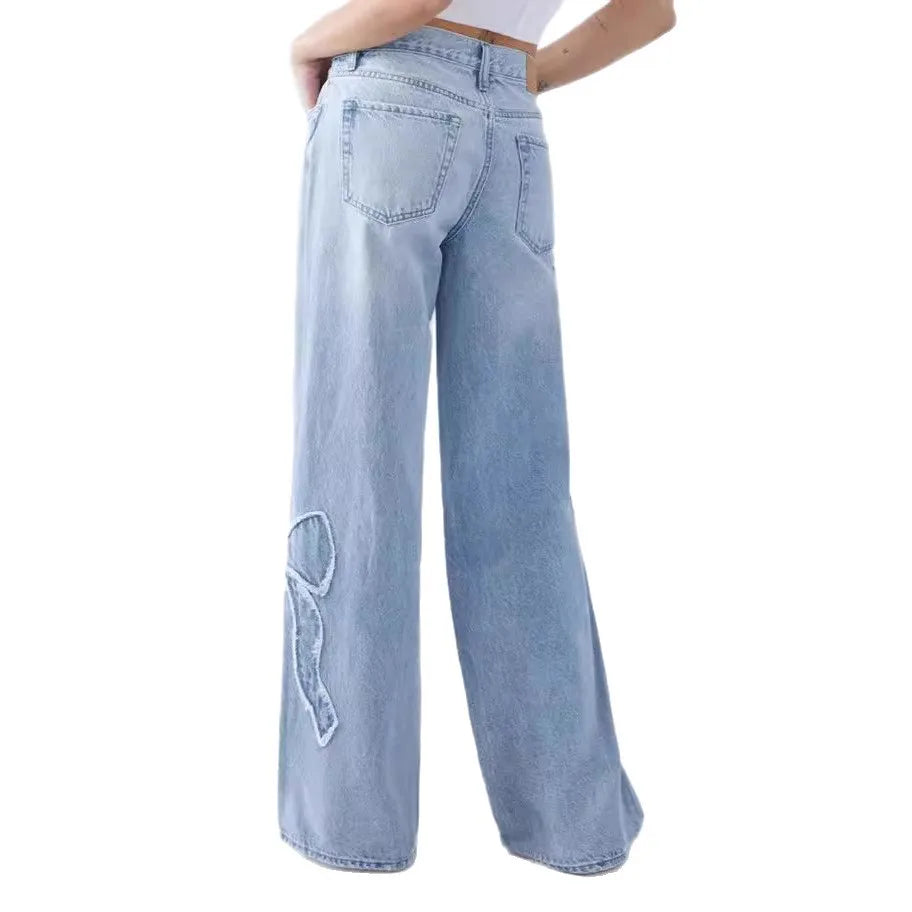 Embroidered side frayed butterfly jeans for women loose straight-leg pants for spring and autumn best-selling item