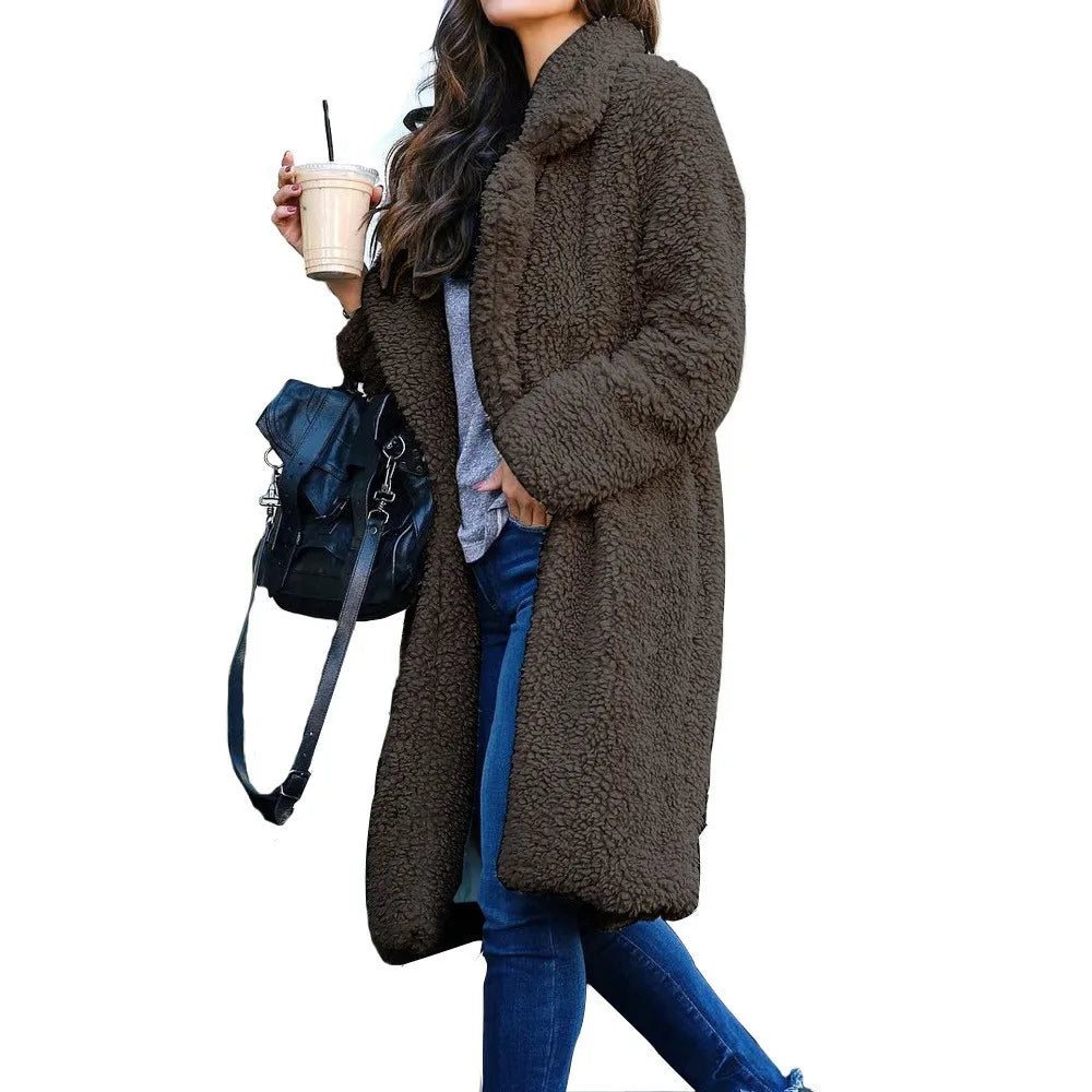 Retro Solid Long Coats Women Elegant Loose Lapel Single Breasted Plush Coat Female Winter Warm Chic Street Overcoats