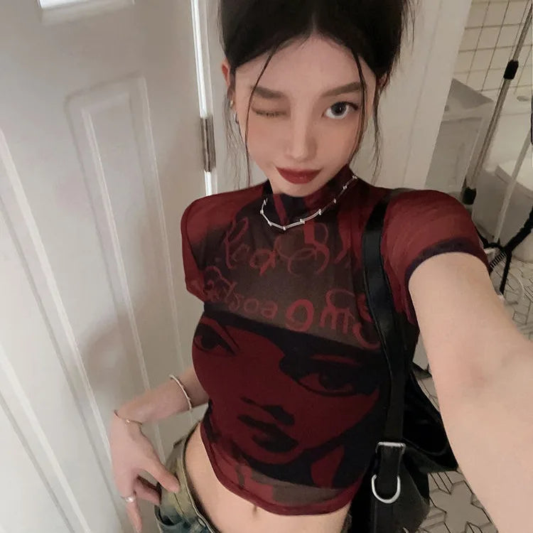 Summer Slim Fit Tees Tops Streetwear Gothic Punk E-girl Harajuku Graphic Print T-shirt emo Women Vintage Crop Top Y2K