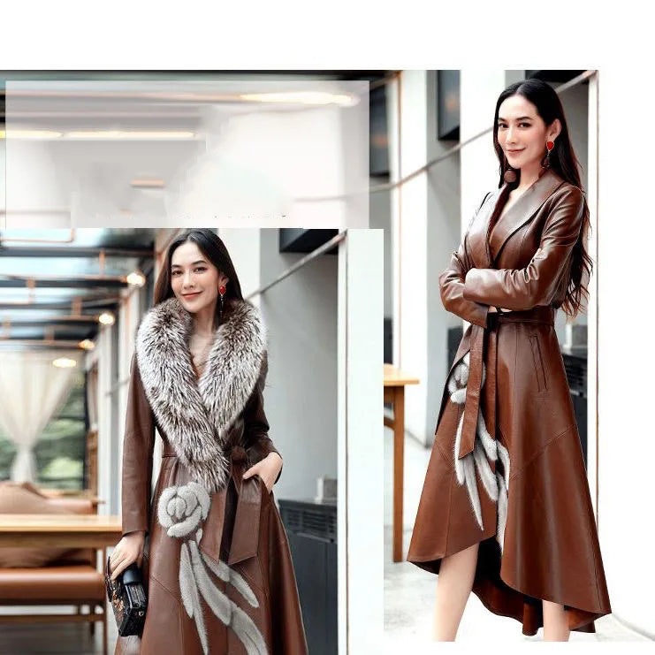 New Women's PU Leather Jacket For Spring Autumn Slim Big Fur Collar Long Leather Coat Female Loose Leather Outerwear