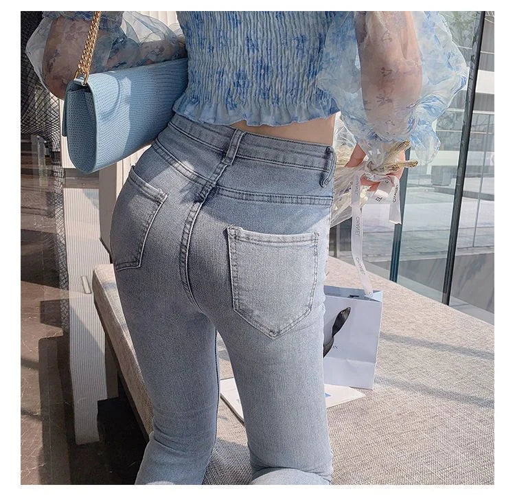 Chic and Elegant Stretch With Slits Trousers Y2k Luxury Designer Women's Cropped Flare Jeans High Waist Shot Female Cowboy Pants