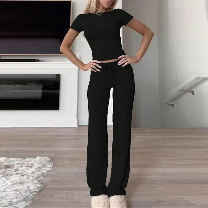 Summer Comfortable Casual Women's Home Sports Set New Fashionable Solid Color Slim Body Clothes + Trousers Two-piece Set