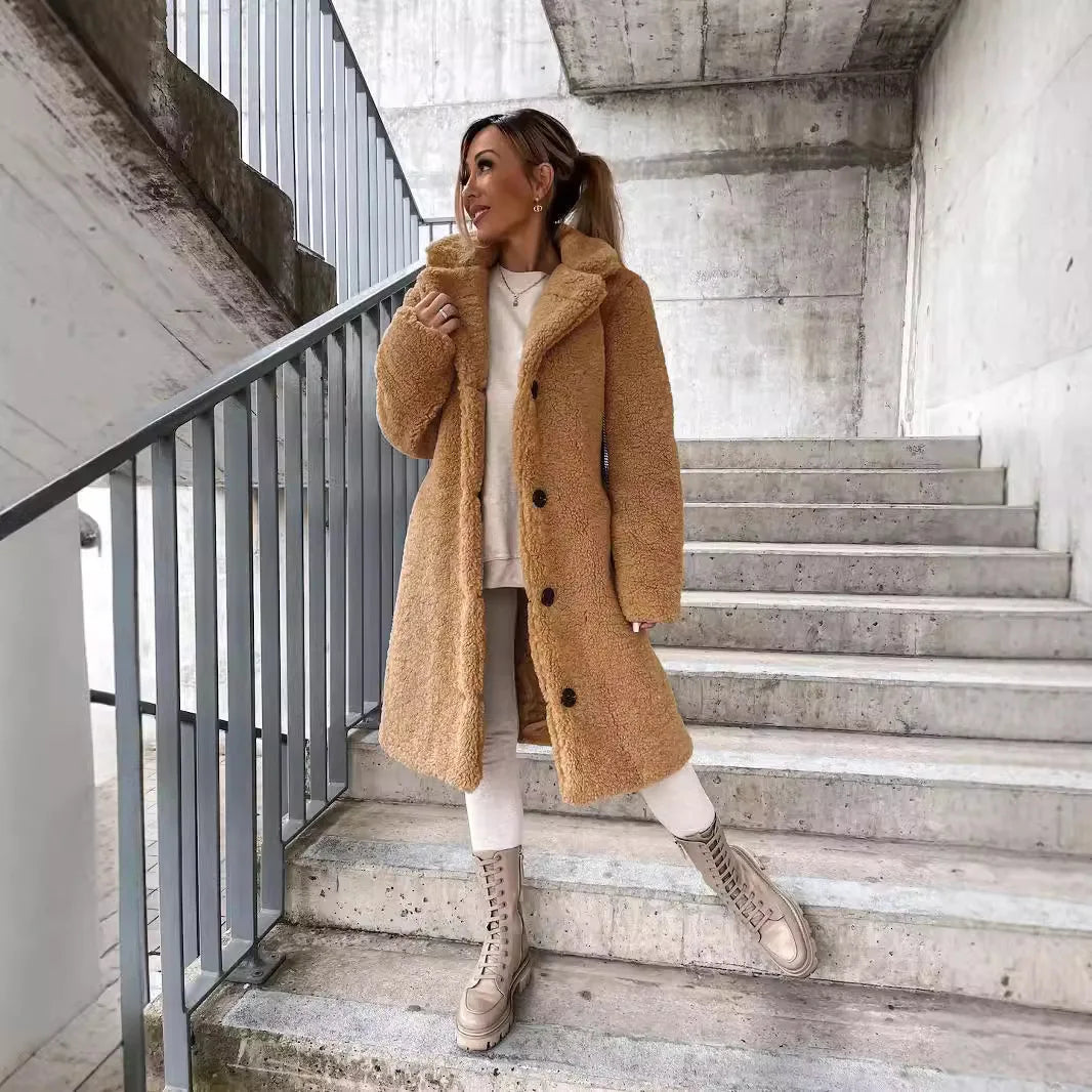 Winter Long Loose Casual Soft Thick Warm Fluffy Black Faux Fur Coat Women Lapel Collar Hairy Furry Fuzzy Overcoat  ﻿