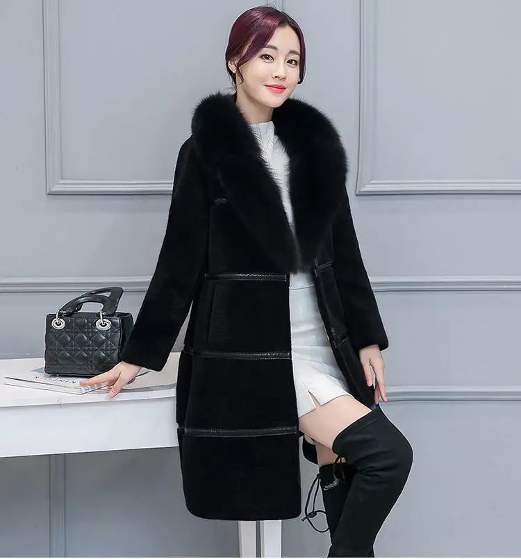 Winter Korean Version Women's New Faux Sheep Shearing Fur Coat Medium Length Faux Fur Collar Coat Office Lady Parkas
