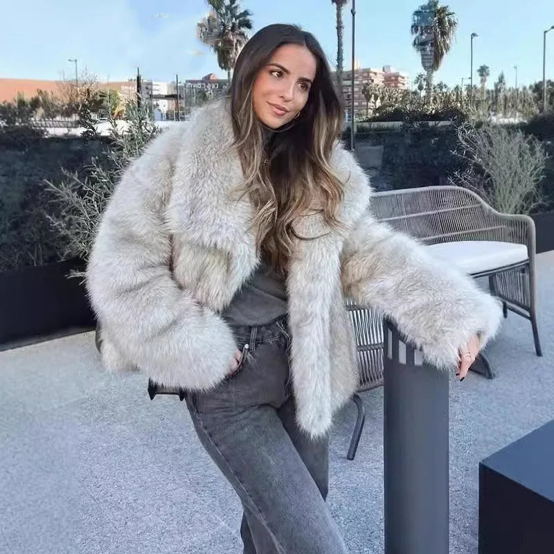solid color loose fur short coat autumn and winter new item lapel long sleeved warm coat for women