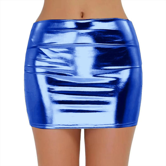 Sexy PU Leather Short Skirts for Women Club Prom Performance Solid High Waist Mini Skirt Gold Red Shine Bright Fladas Mujer
