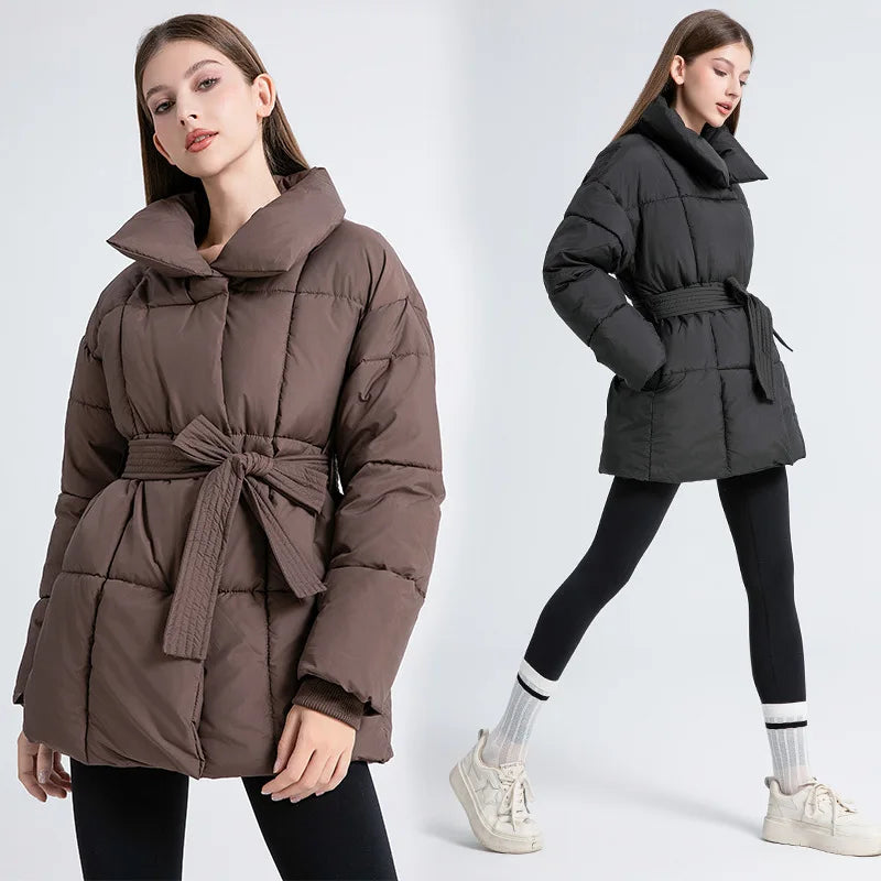 Women's Winter Parka Jacket Solid Color Stand Collar Button Pockets Padded Coat For Female Minimalist Casual Lady's Coat