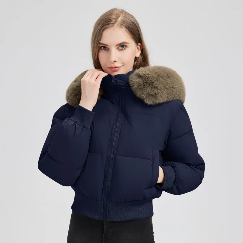 Winter Female's Parka Coat Solid Waist-cinching Faux Fur Trimmed Hood Quilted Jacket For lady Figure-flattering women's Jacket