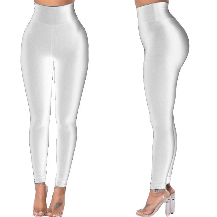 Women Gym Yoga Dance Running Cycling Sports Pants Pure Color Shiny Metallic Stretchy Leggings Pants