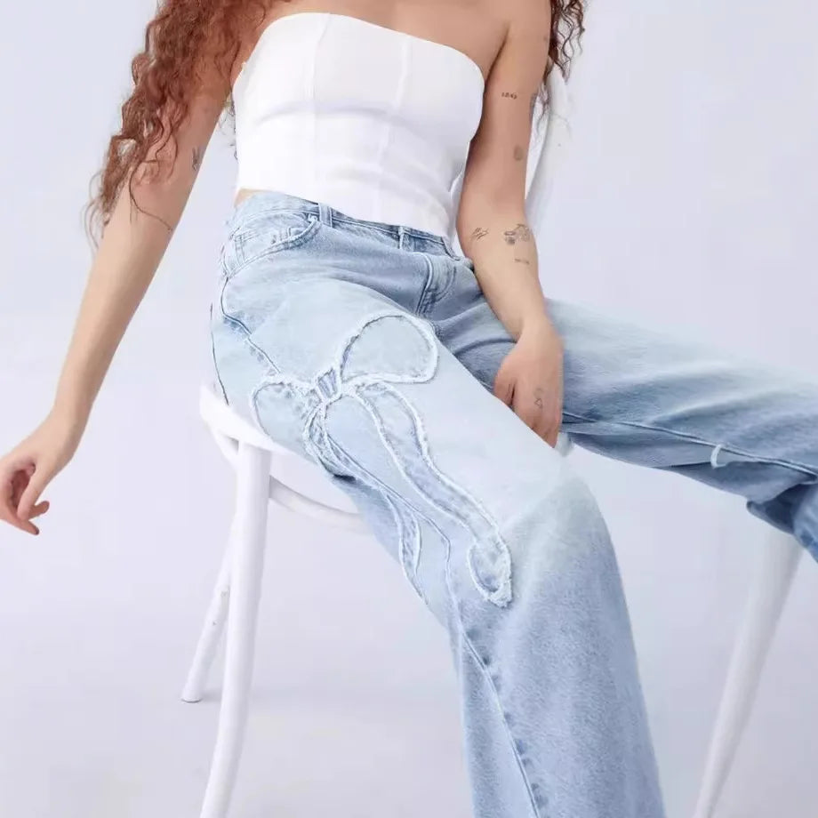 Embroidered side frayed butterfly jeans for women loose straight-leg pants for spring and autumn best-selling item