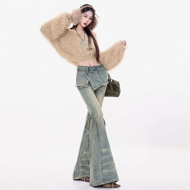 Vintage Flare Jeans Women Y2k Harajuku Patchwork Bandage Denim Pants Streetwear Grunge High Waist Casual Design Trousers