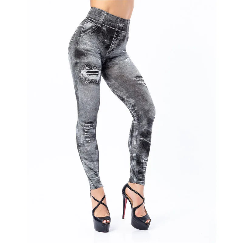 Women Imitation Jeans Stretch Leggings Fashion Sexy Slim Push Up Lady Gym Leggings Causal Simple High Waist Streetwear Leggings
