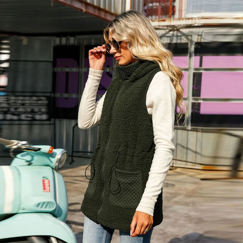 Women's Velvet Bubble Vest Autumn European American Style Hooded Sleeveless Zipper Mid-Length Solid Color Adjustable Waist