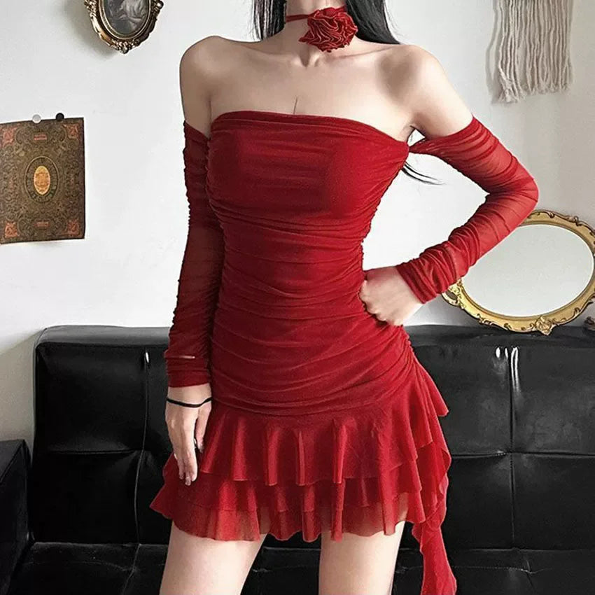 Women's summer solid color sexy design irregular Tassel ruffled hip Lace suspender dress